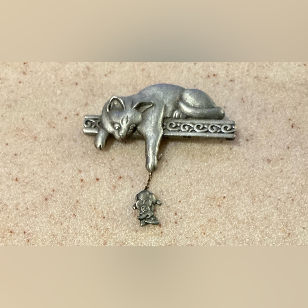 Silver Cat Brooch with Dangling Mouse Charm